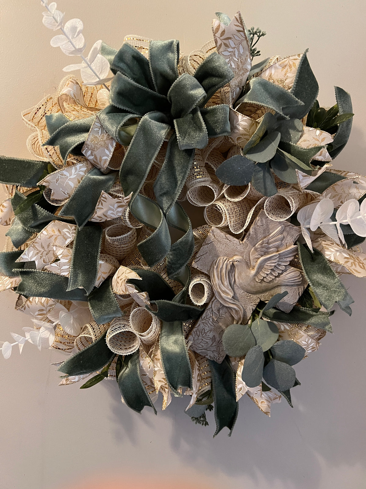 Peaceful Sage and Gold Dove Wreath - Elegant Farmhouse Dove Cross Wreath, Sympathy Wreath, Everyday Door Wreath with Velvet Ribbon