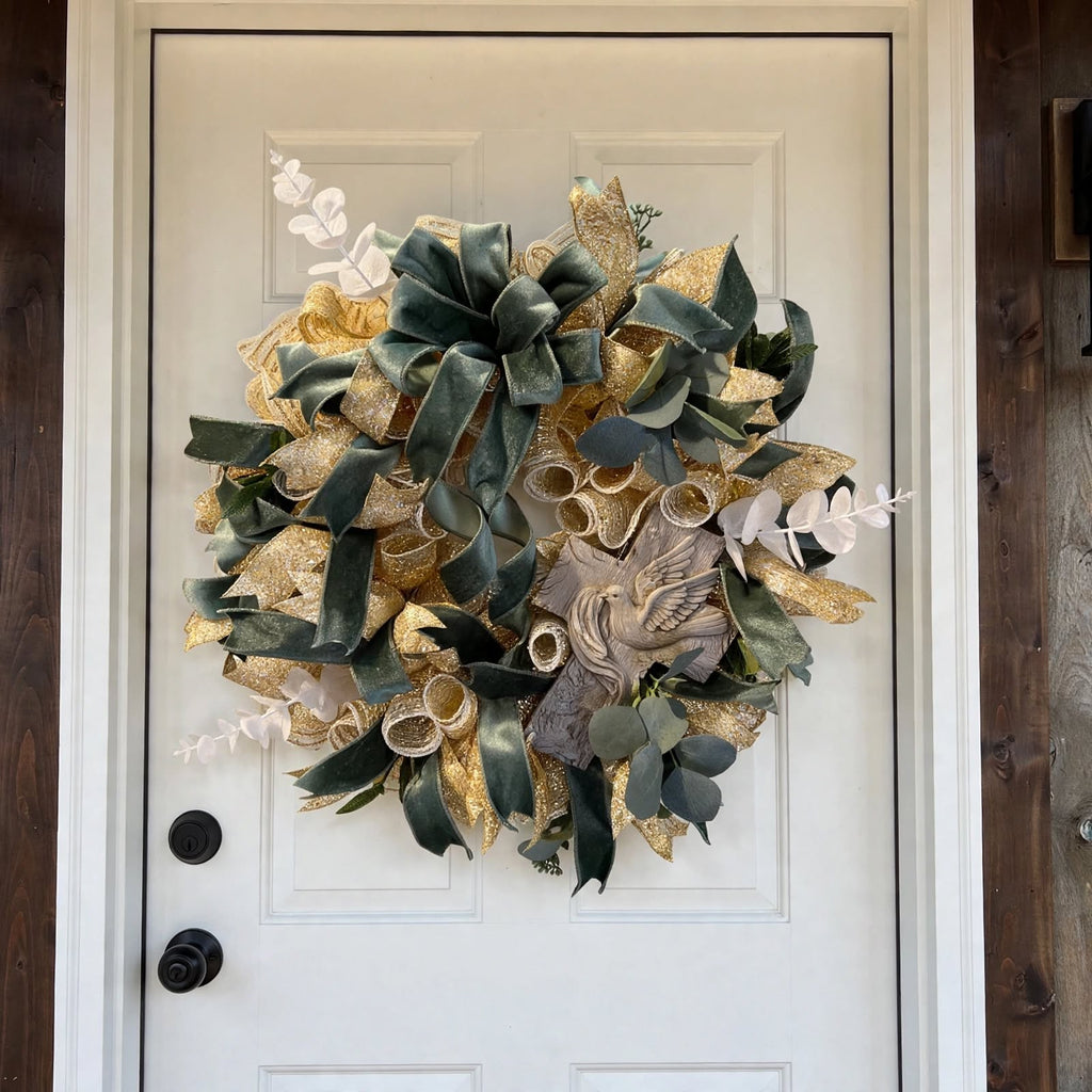 Peaceful Sage and Gold Dove Wreath - Elegant Farmhouse Dove Cross Wreath, Sympathy Wreath, Everyday Door Wreath with Velvet Ribbon