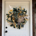 Peaceful Sage and Gold Dove Wreath - Elegant Farmhouse Dove Cross Wreath, Sympathy Wreath, Everyday Door Wreath with Velvet Ribbon