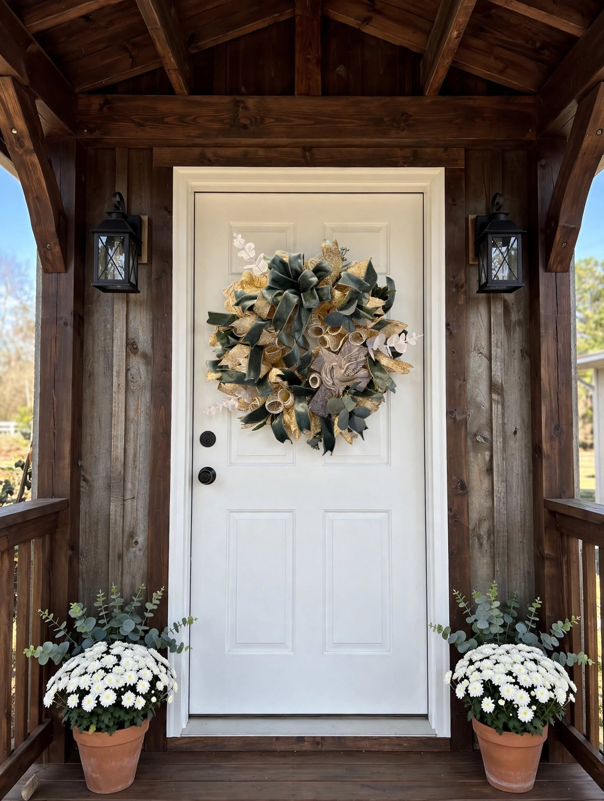 Peaceful Sage and Gold Dove Wreath - Elegant Farmhouse Dove Cross Wreath, Sympathy Wreath, Everyday Door Wreath with Velvet Ribbon