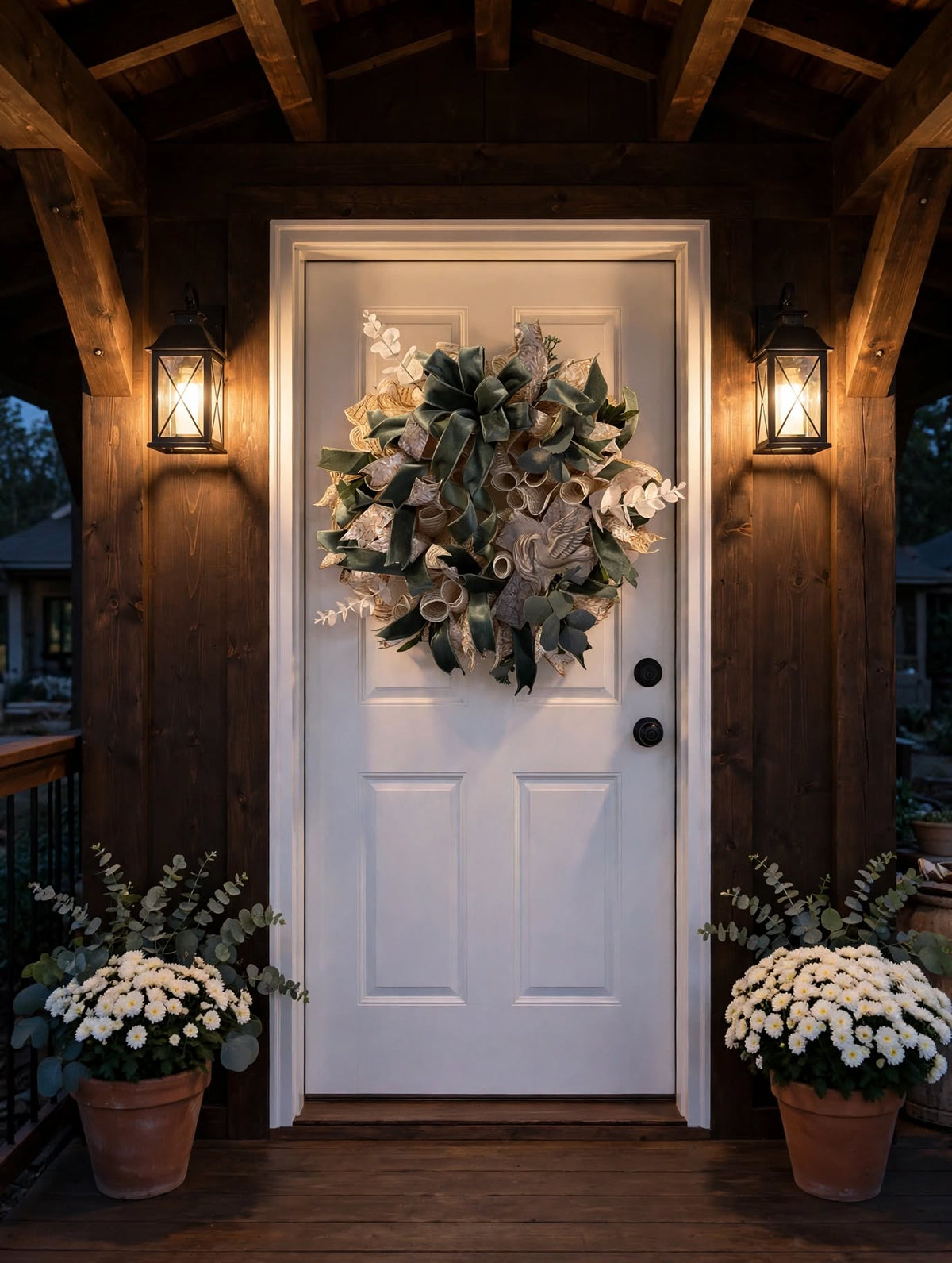 Peaceful Sage and Gold Dove Wreath - Elegant Farmhouse Dove Cross Wreath, Sympathy Wreath, Everyday Door Wreath with Velvet Ribbon